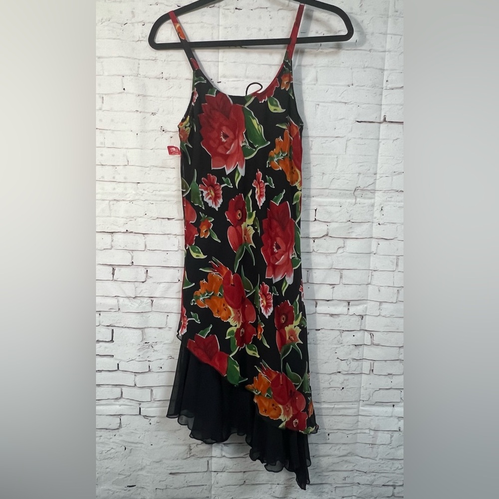 VTG Y2K Medium Asymmetric Dress Red Black Floral Spaghetti Strap Miss Anastasia